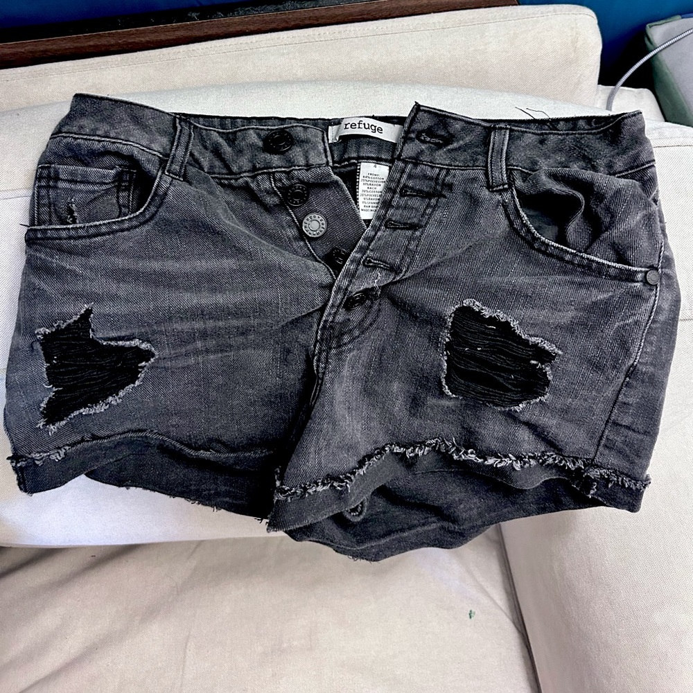 Refuge (from Nordstrom) high waisted cutoff 3-button ripped jean shorts.